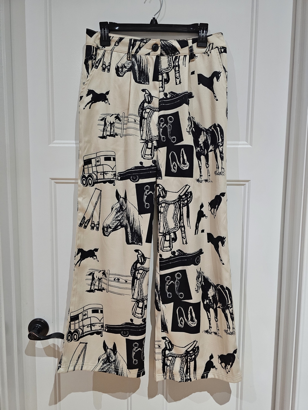 Equestrian-Print Wide Leg Pants in Cream and Black, NWOT